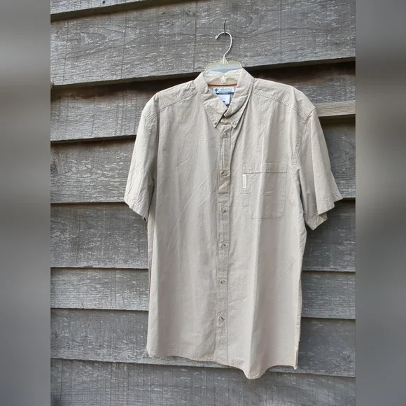Columbia Mens Large Short Sleeve Button Up Cotton Shirt Plaid Tan and White - Picture 2 of 11